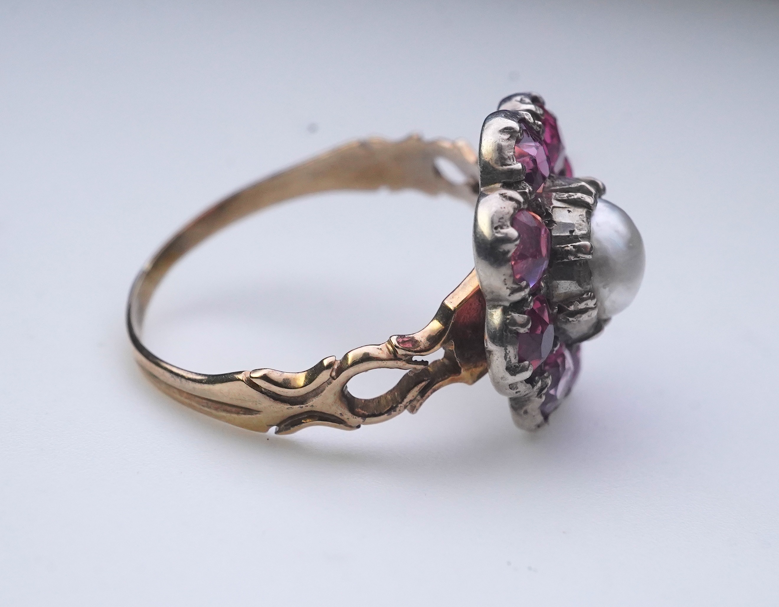 A pearl and pink tourmaline ring